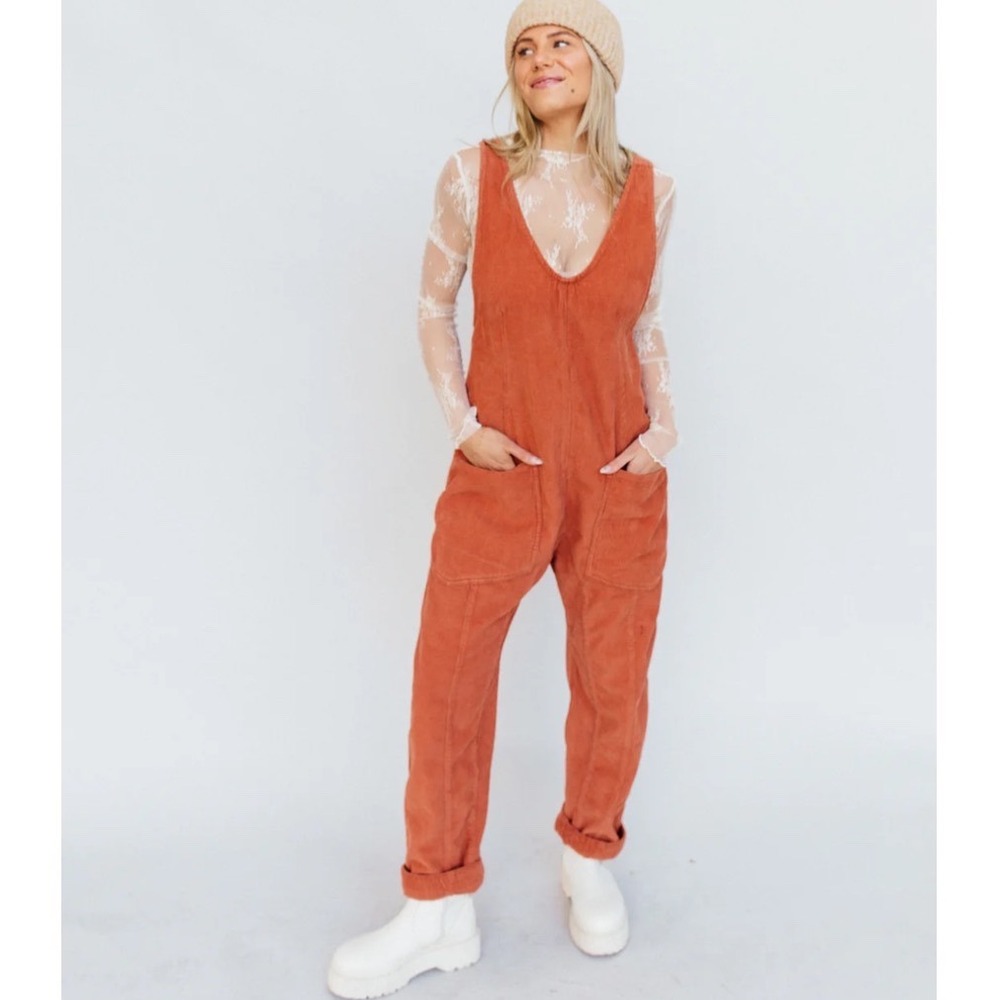 Free People We The Free Orange Corduroy High Roller Overalls Jumpsuit Size Small
